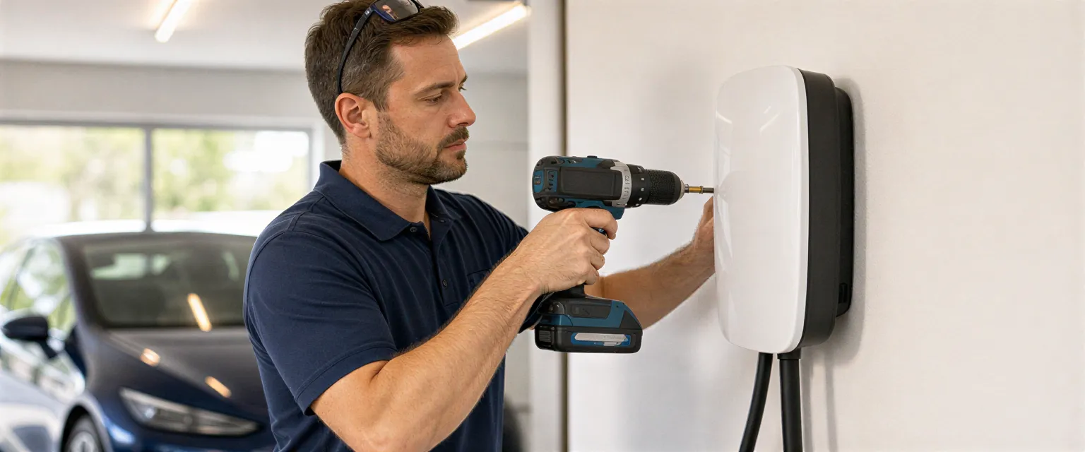 Ein Elektriker installiert eine weiße Wallbox für ein Elektroauto in einer modernen Garage.