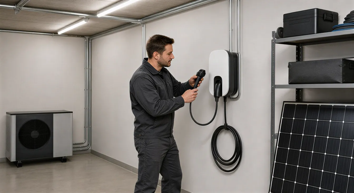 Ein Elektriker prüft eine Wandladestation in einer sauberen, modernen Werkstatt mit ordentlichen Werkzeugen und Bauteilen.