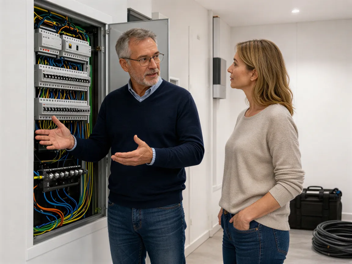 Ein erfahrener Elektriker erklärt einer zufriedenen Hausbesitzerin die neue Elektroverteilung in einem modernen Technikraum.
