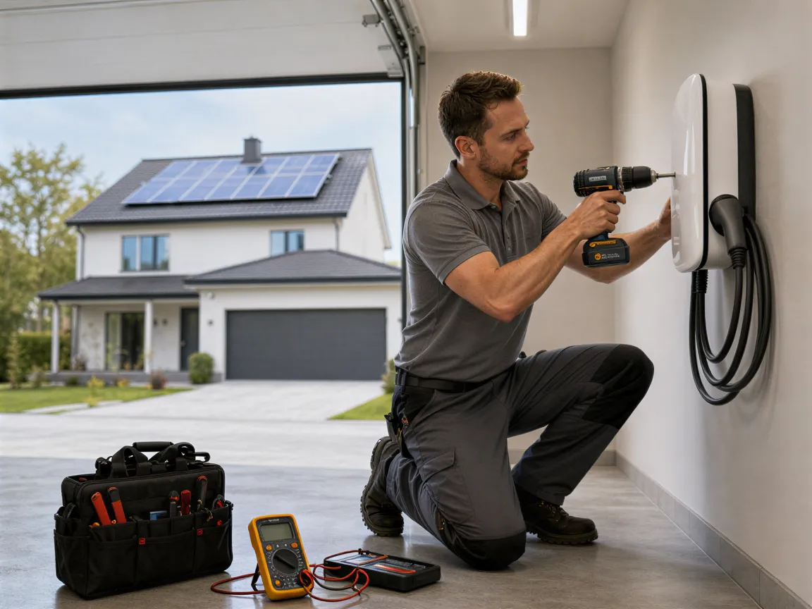 Ein Elektriker installiert eine weiße Ladestation für Elektroautos an einer sauberen Garagenwand.