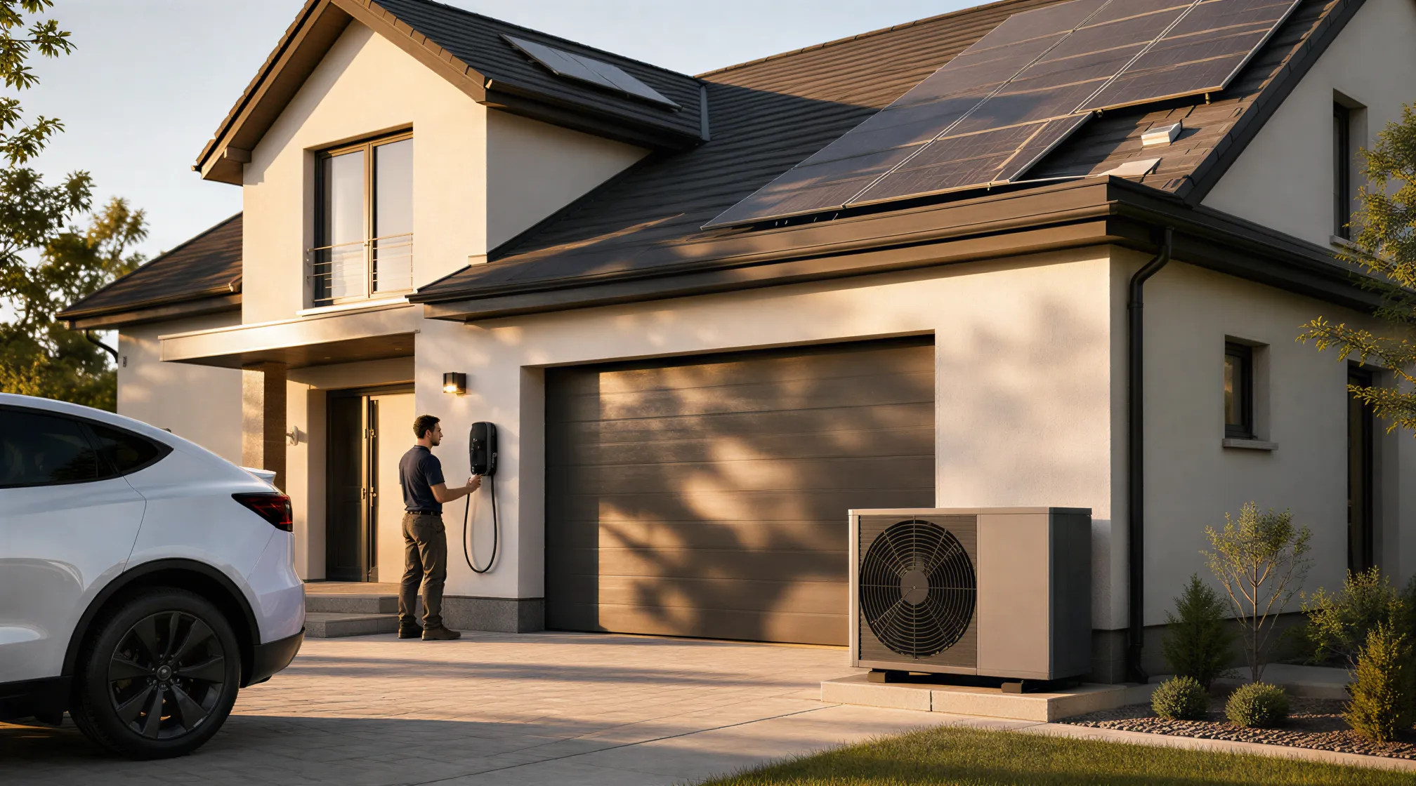 Ein Hausbesitzer inspiziert eine neue Wallbox-Ladestation an seinem modernen Zuhause mit Wärmepumpe und Solaranlage.