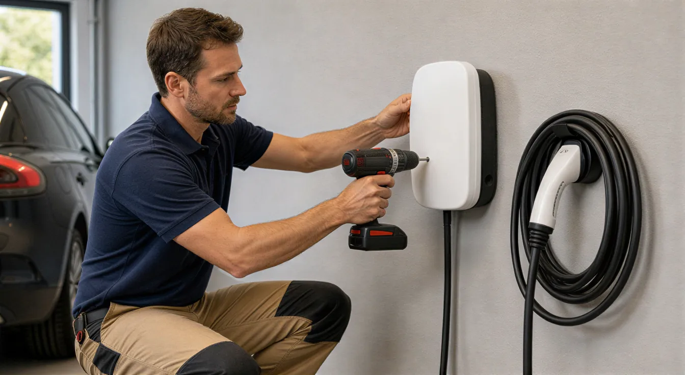 Ein Elektriker installiert eine weiße Wallbox für Elektroautos an einer hellgrauen Garagenwand.