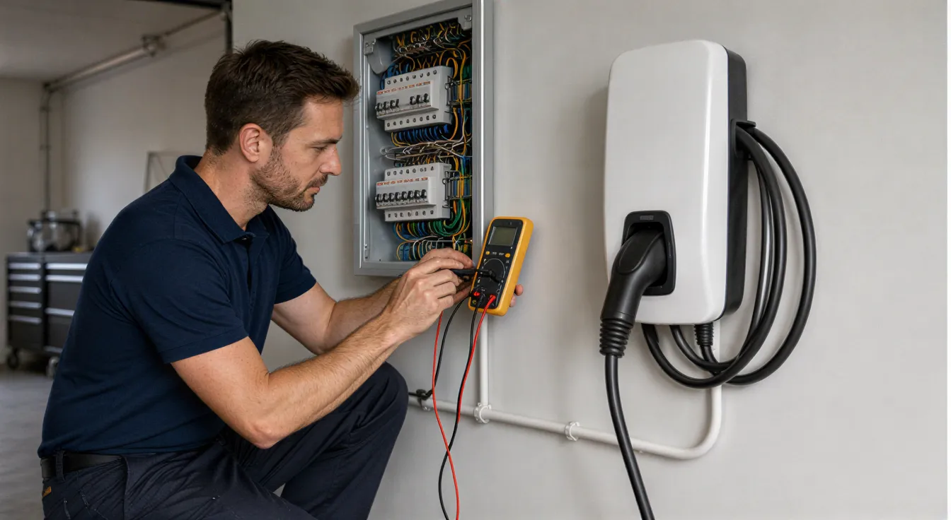 Ein Elektriker prüft die Spannung an einer weißen Wandladestation für Elektroautos in einer sauberen Garage.