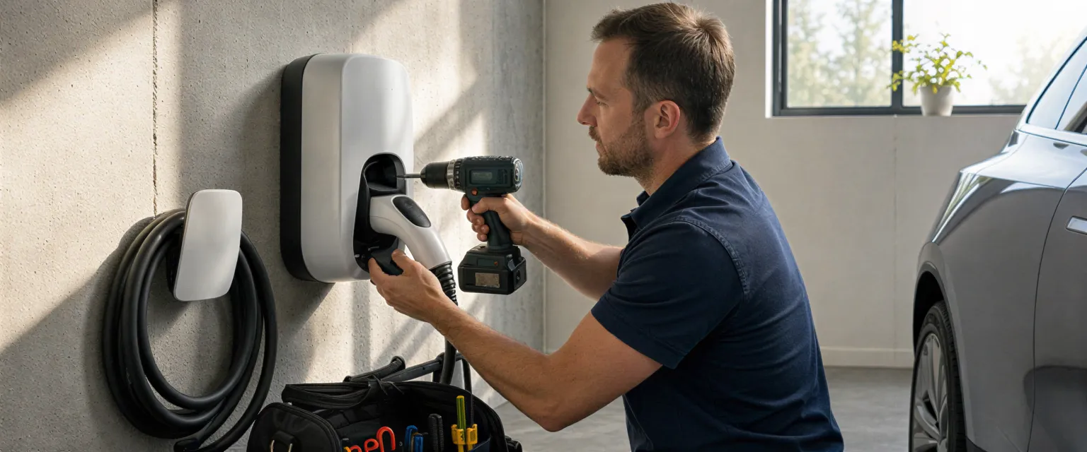 Ein Elektriker montiert einen weißen Wandladepunkt für Elektroautos an einer Betonwand in einem modernen Technikraum.