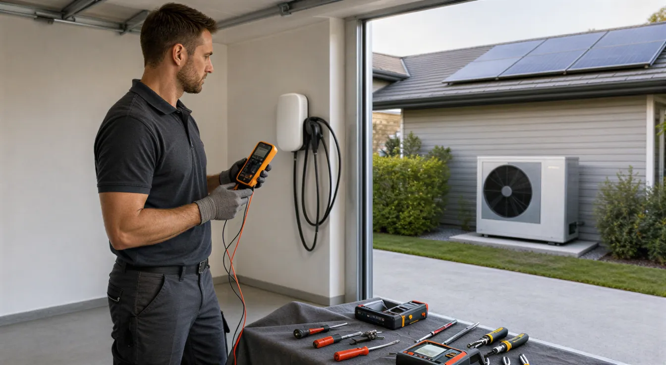 Ein Elektriker prüft eine Wandladestation für E-Autos in einer modernen Garage mit Werkzeugen.