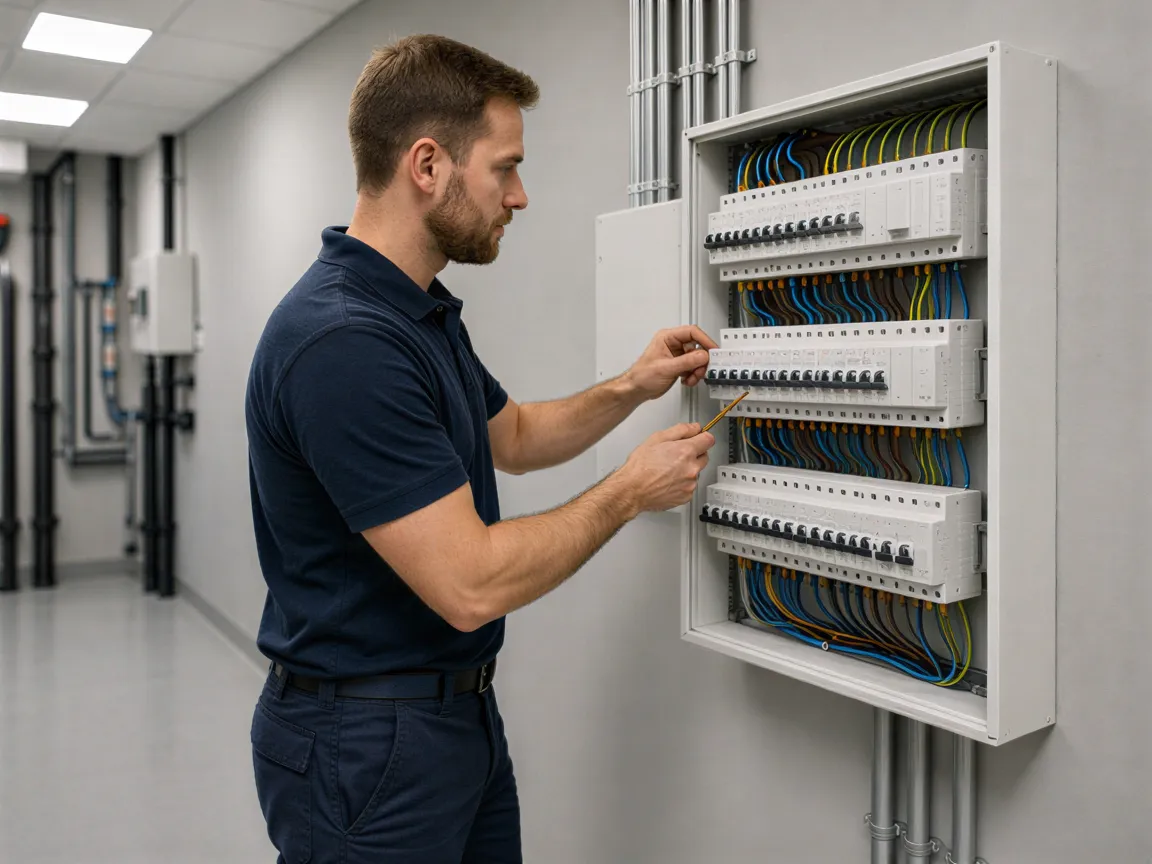 Ein Elektriker führt eine Endkontrolle an einem neu installierten Verteilerkasten in einem modernen Technikraum durch.