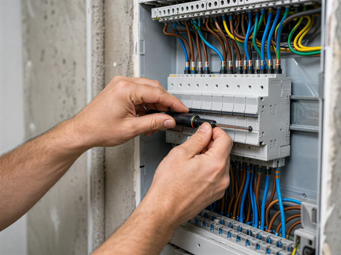 Die Hände eines Elektrikers montieren einen Sicherungsautomaten in einem sauberen Verteilerkasten mit farbigen Kabeln.