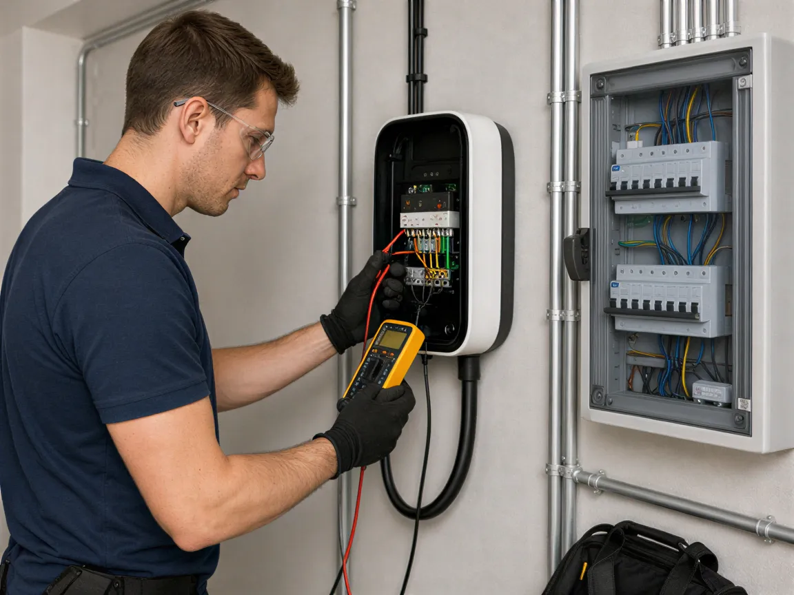Ein Elektriker prüft mit einem Multimeter eine neu installierte Wallbox in einem modernen Technikraum.