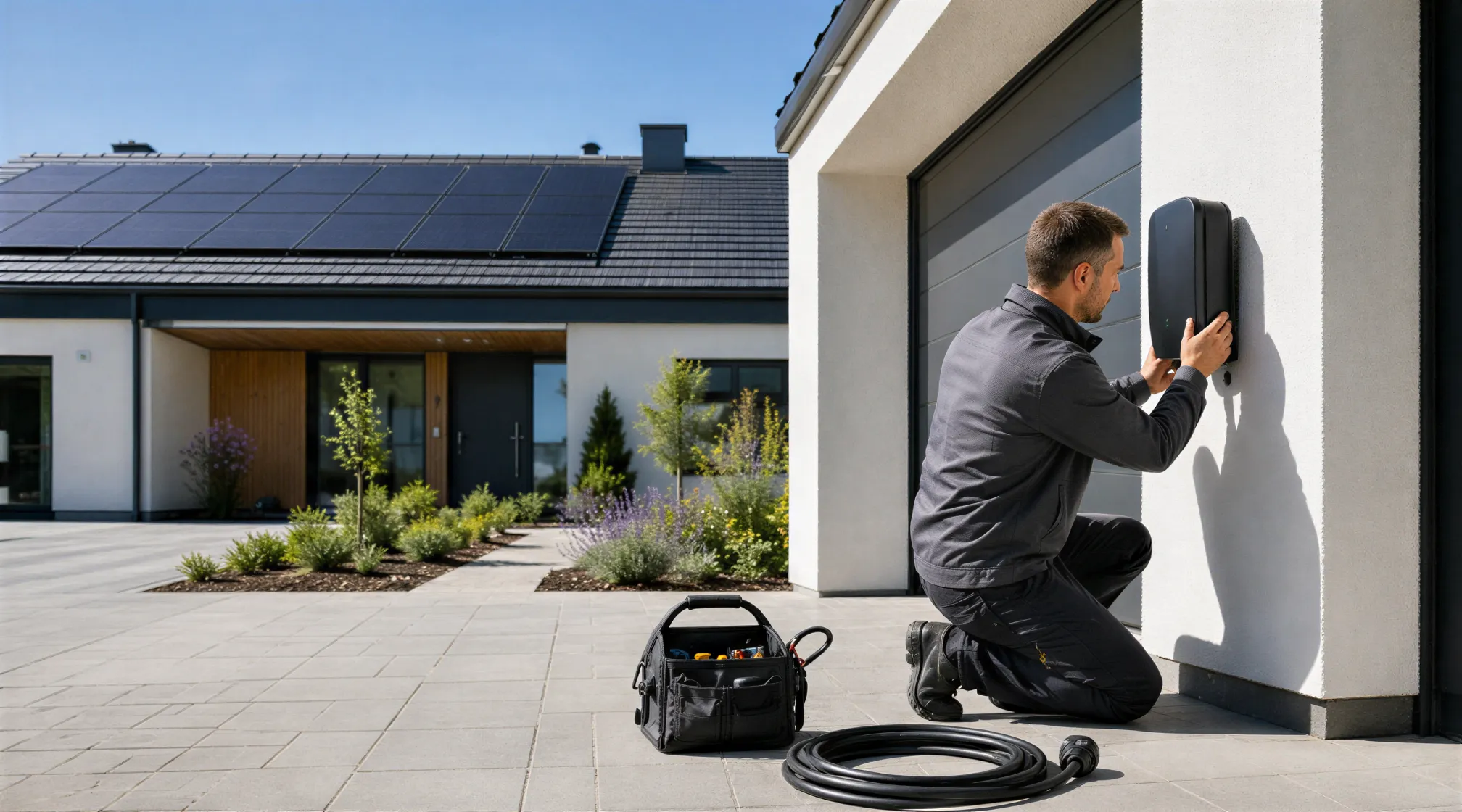 Ein Elektriker installiert eine Ladestation für Elektroautos an einer weißen Hauswand neben einer Garage.