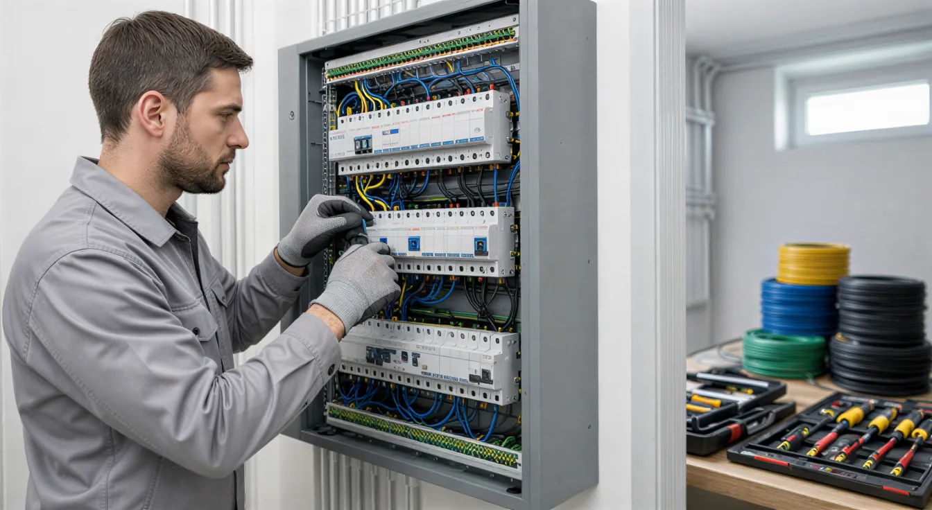 Ein Elektriker in sauberer Arbeitskleidung verbindet präzise Kabel in einem modernen Verteilerkasten.