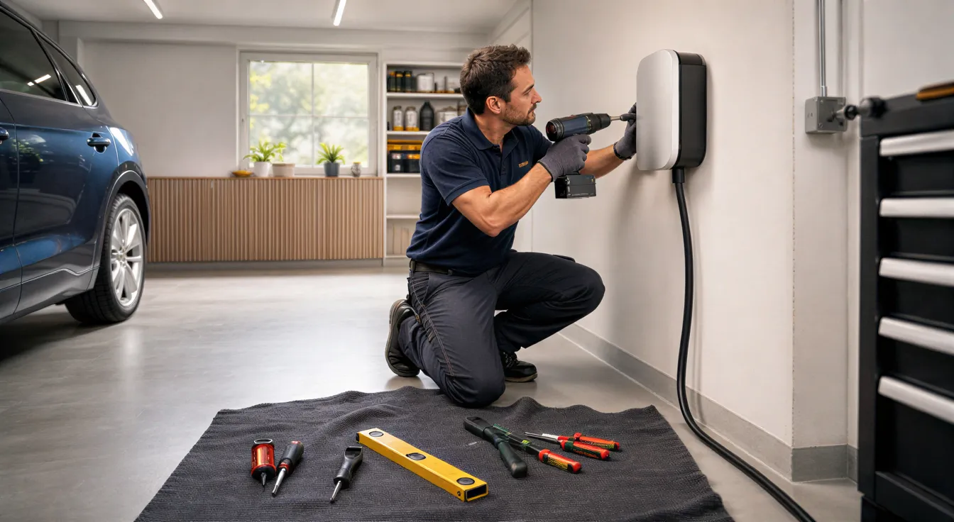 Ein Elektriker installiert eine moderne Wallbox für Elektroautos an einer hellen Garagenwand.