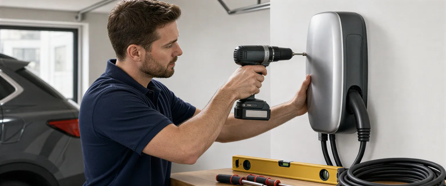 Ein Elektriker installiert sorgfältig eine Wandladestation für Elektroautos an einer hellen Garagenwand.