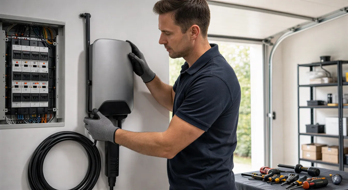 Ein Elektriker installiert eine Wandladestation für Elektroautos in einer modernen Garage.