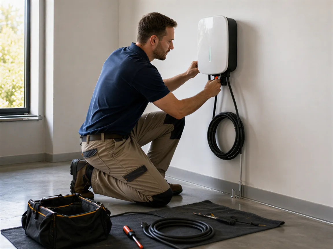 Ein Elektriker installiert eine weiße Wallbox für Elektroautos an einer frisch gestrichenen Wand in einer modernen Garage.