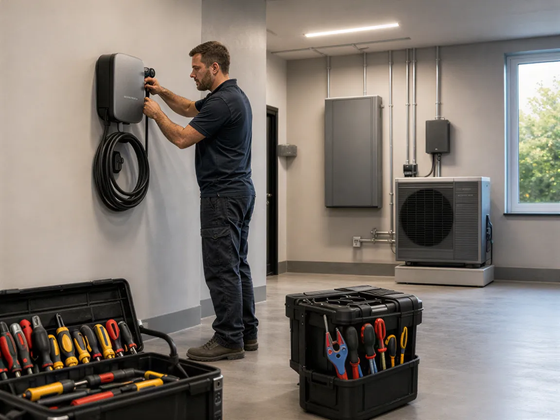 Ein Elektriker montiert eine moderne Wanddose an einer frisch verputzten Wand in einer Garage.