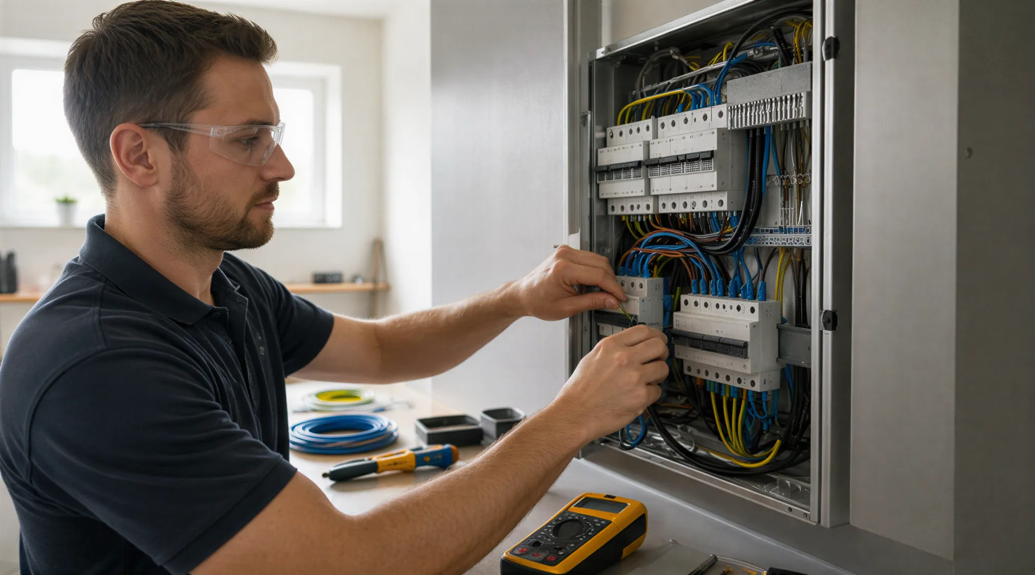 Ein Elektriker verbindet sorgfältig Kabel in einem modernen, wandmontierten Elektroschrank.