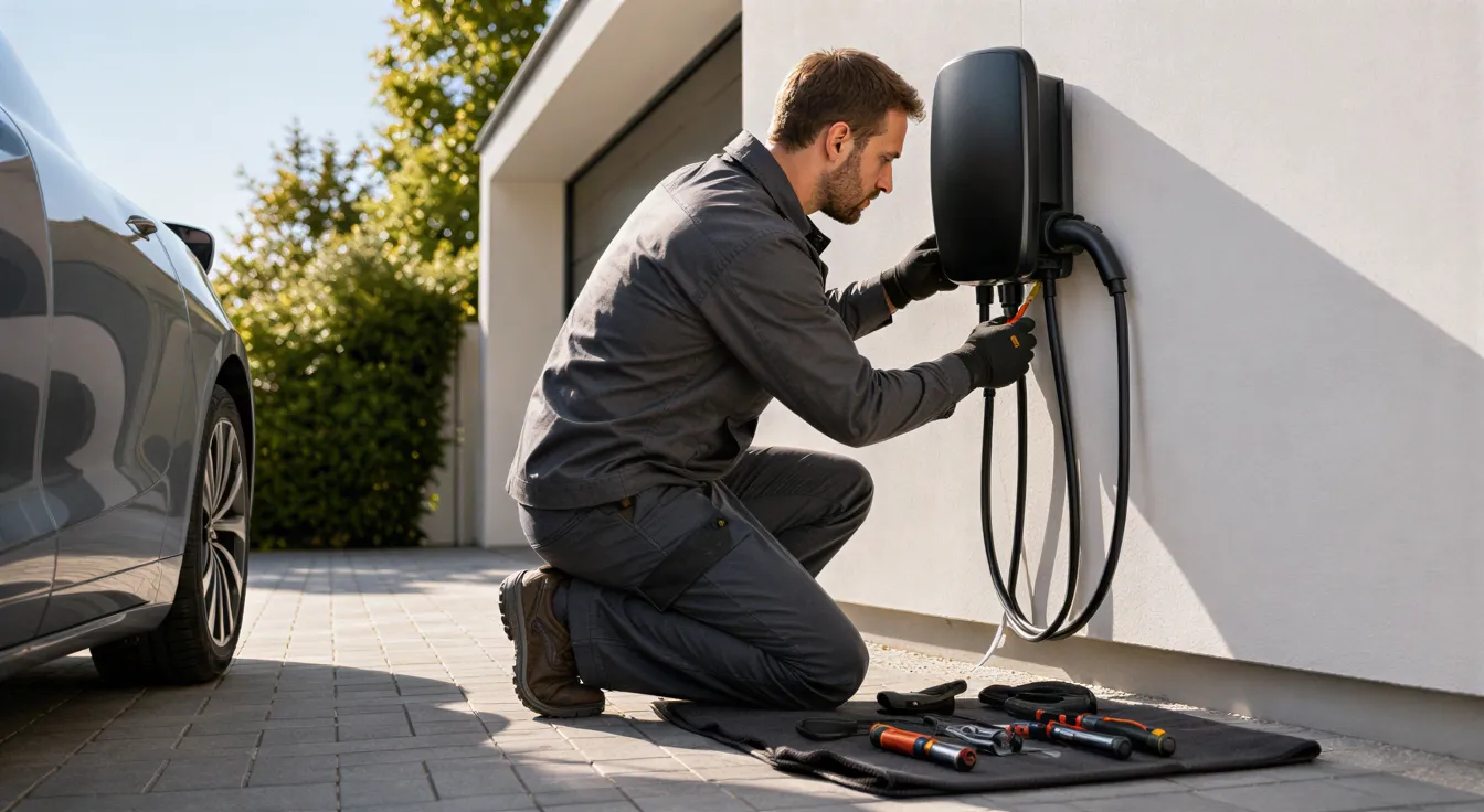 Ein Elektriker schließt eine moderne Wallbox für ein Elektroauto an der weißen Hauswand an.
