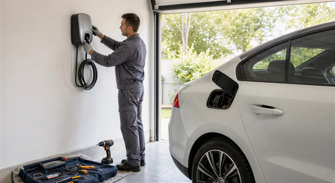 Ein Elektriker installiert eine moderne Wallbox für Elektroautos an einer weißen Garagenwand.