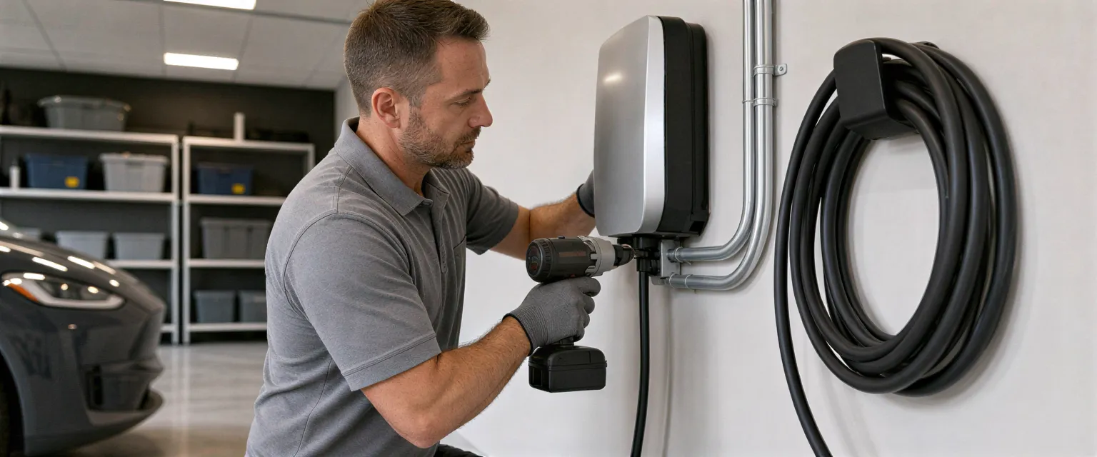 Ein Elektriker installiert eine moderne Wallbox-Ladestation an einer sauberen Garagenwand.