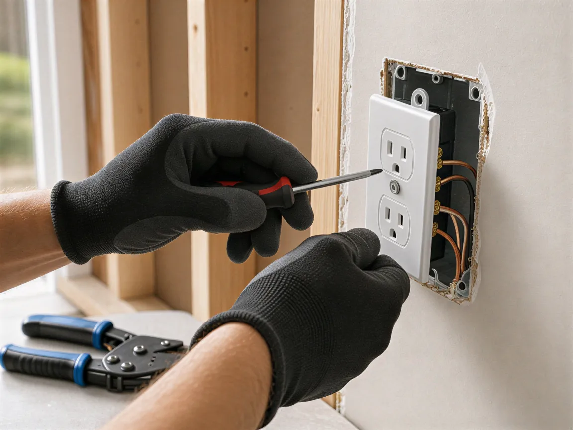 Die Hände eines Elektrikers installieren eine Steckdose in einer frisch verputzten Wand mit sichtbaren Kabeln und Werkzeugen.