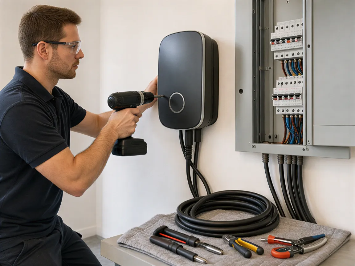 Ein Elektriker montiert eine Wandladestation für Elektroautos neben einem Sicherungskasten in einem modernen Technikraum.