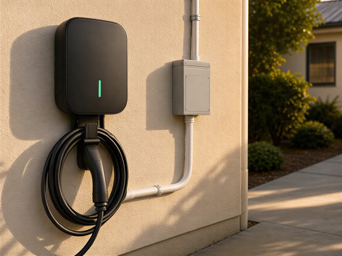 Eine moderne schwarze Wallbox für Elektroautos an einer hellen Hauswand mit ordentlich verlegtem Kabel.