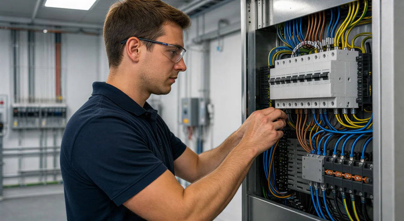 Ein Elektriker verbindet farbige Drähte in einem modernen Verteilerkasten in einem sauberen Technikraum.