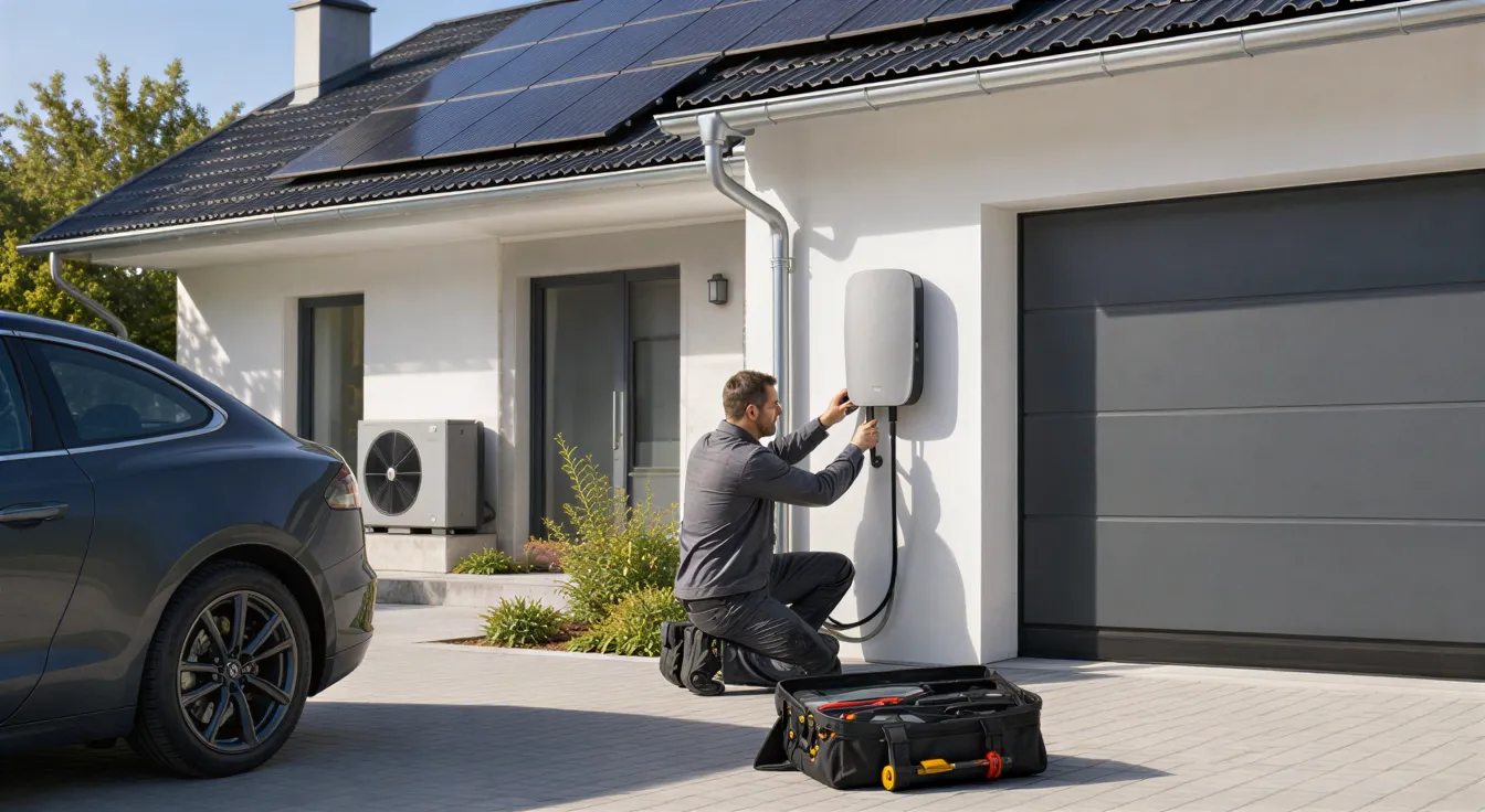 Ein Techniker installiert eine Wallbox an einer Hauswand, während im Hintergrund Solarpaneele zu sehen sind.