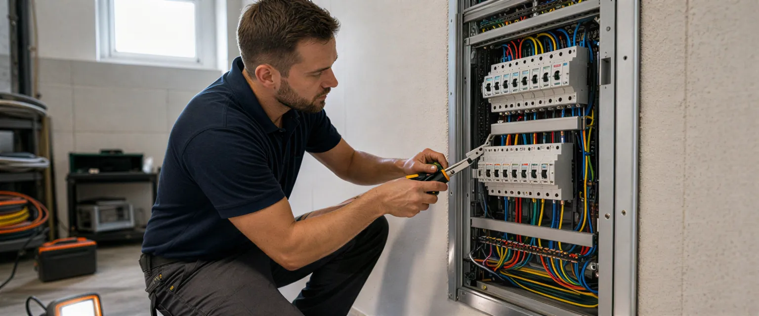 Ein Elektriker verbindet farbige Kabel in einem sauberen Verteilerkasten in einem modernen Technikraum.