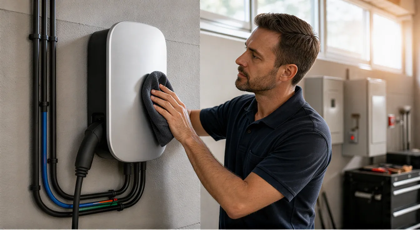 Ein Elektriker prüft und reinigt eine neu installierte Wandladestation für Elektroautos in einem hellen Technikraum.