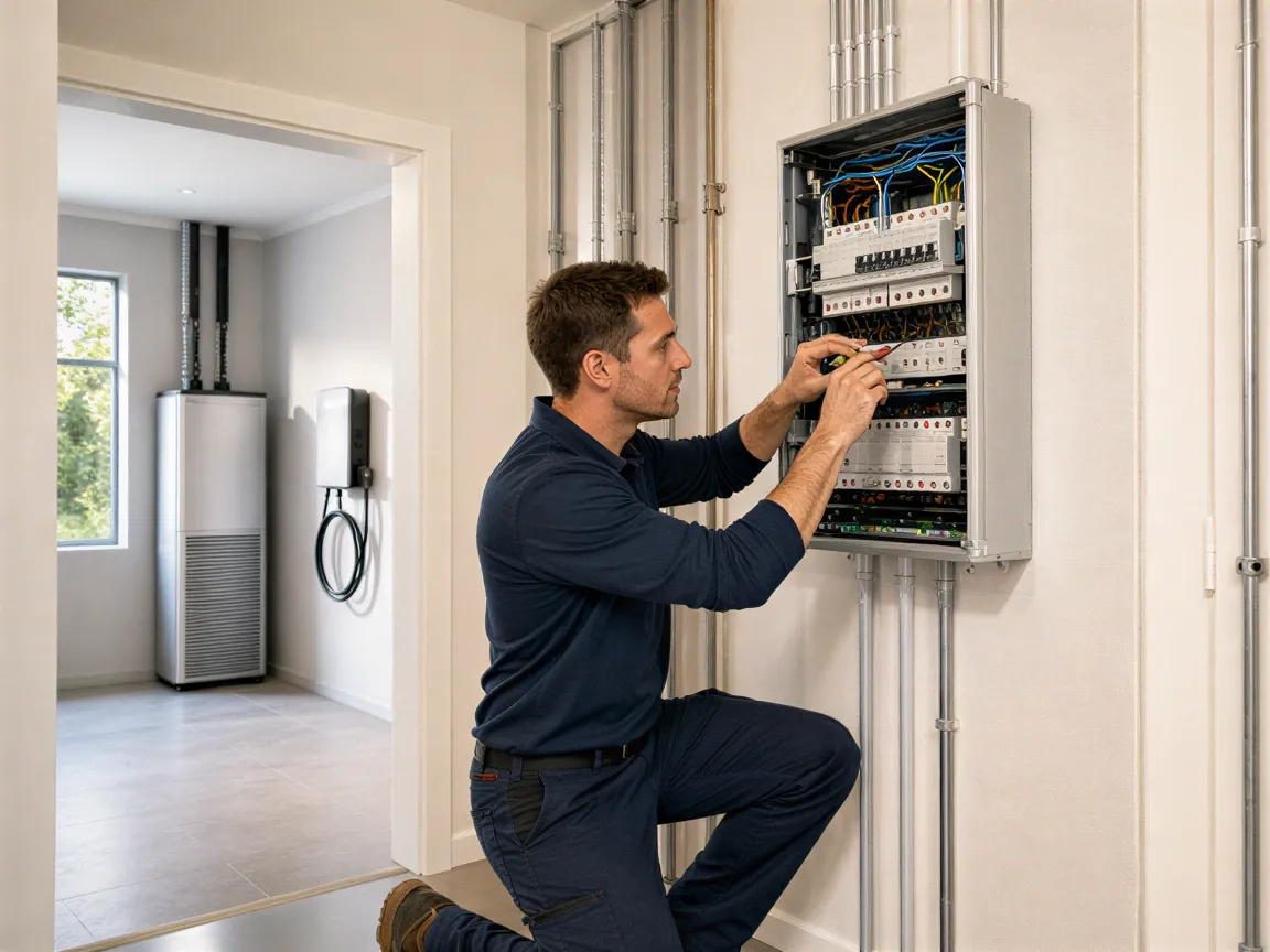 Ein Elektriker installiert einen modernen Sicherungskasten in einem hellen, neu gebauten Technikraum.