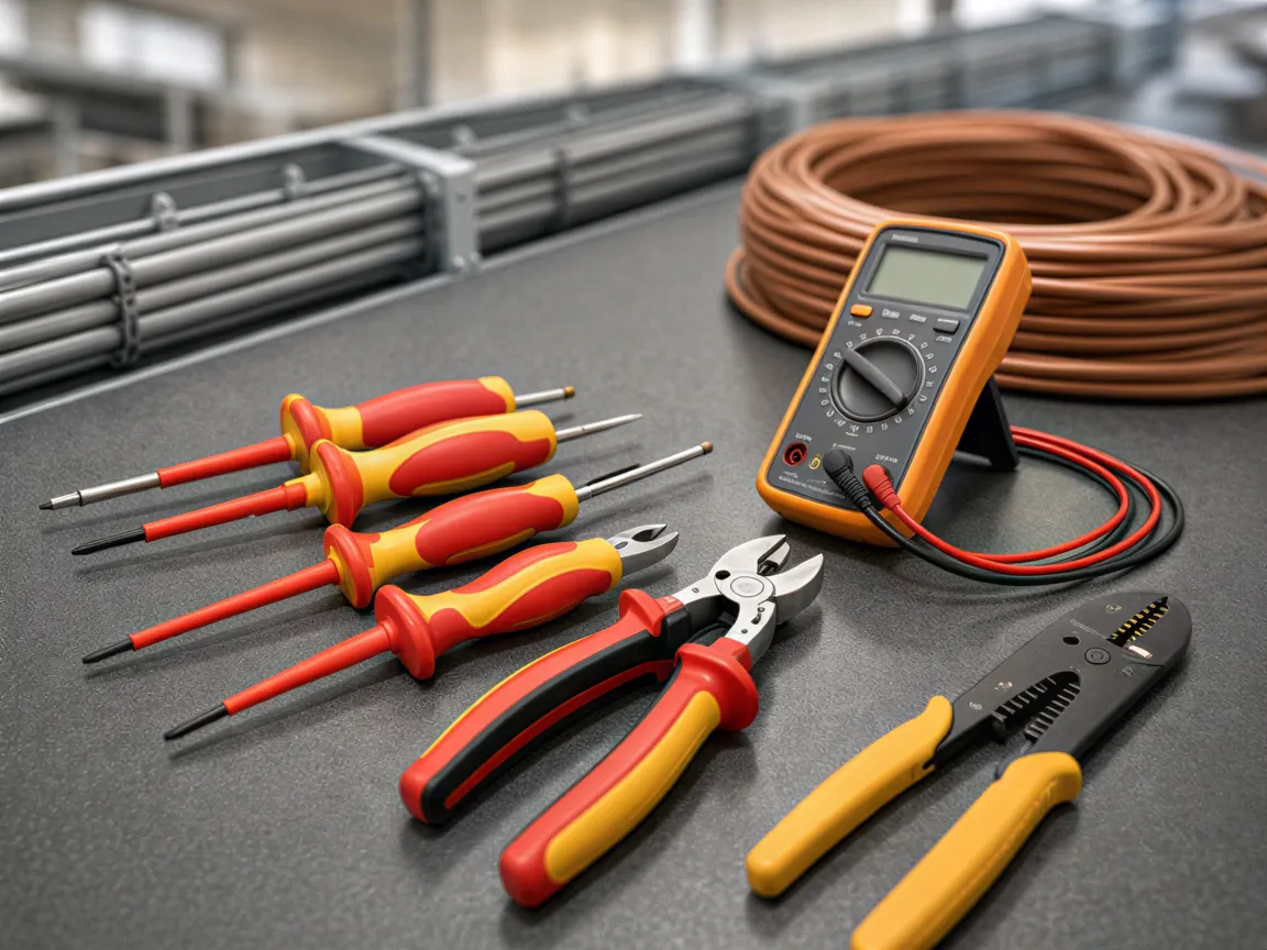Ein ordentlicher Elektriker-Arbeitsplatz mit isolierten Schraubendrehern, einer Drahtabisolierzange und einem Multimeter.