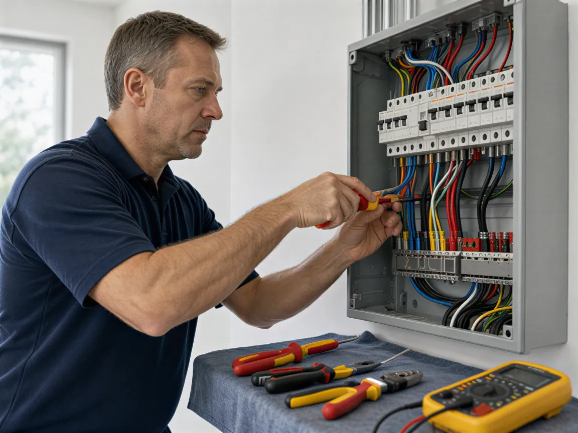 Ein Elektriker verbindet sorgfältig farbige Kabel in einem grauen Verteilerkasten an einer weißen Wand.