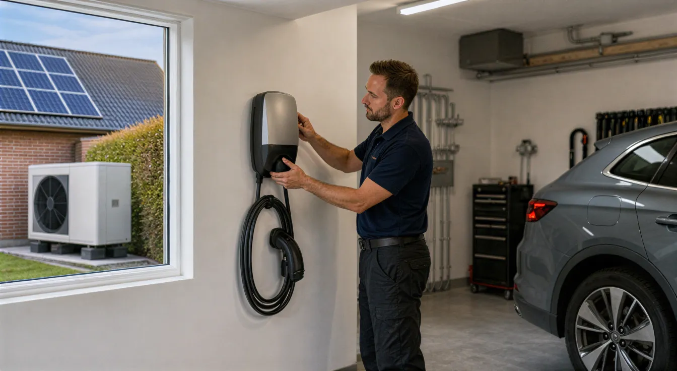Ein Elektriker installiert eine moderne Wallbox-Ladestation an einer weißen Garagenwand.