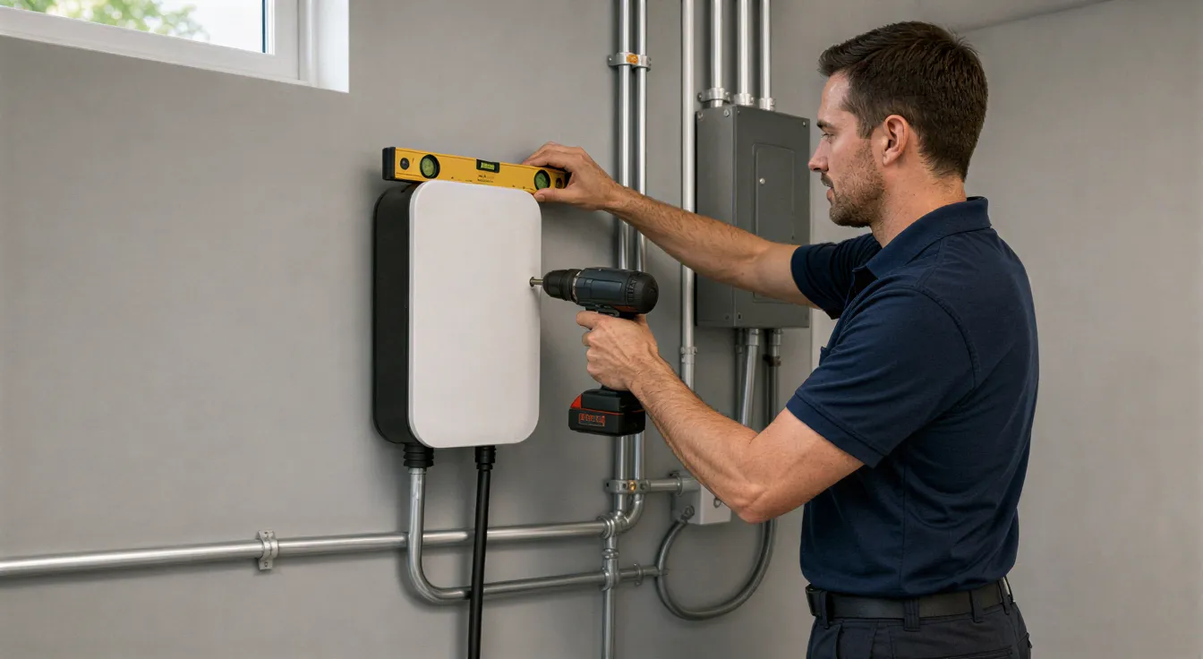 Ein Elektriker installiert eine weiße Ladestation an einer grauen Wand in einem sauberen Technikraum.