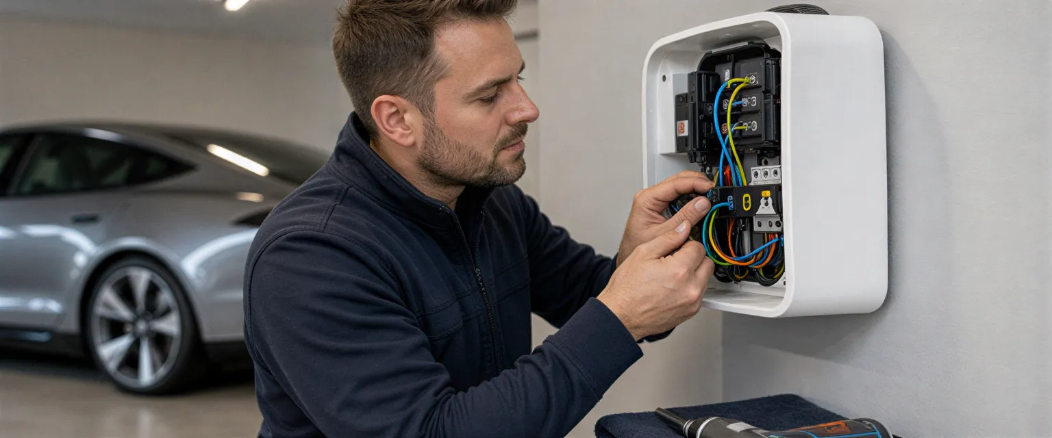 Ein Elektriker installiert eine weiße Wallbox in einer Garage, während ein modernes Elektroauto im Hintergrund zu sehen ist.