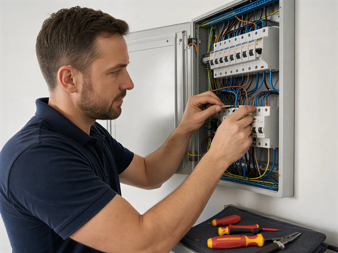 Ein Elektriker verbindet sorgfältig farbige Kabel in einem modernen Verteilerkasten.