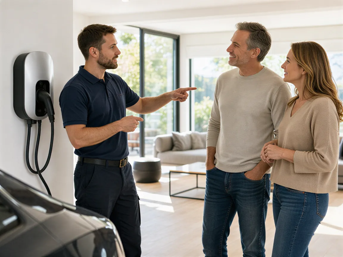 Ein Techniker erklärt einem zufriedenen Hausbesitzer einen neu installierten Elektroauto-Ladepunkt in einem sonnigen