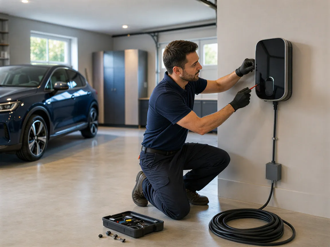 Ein Elektriker installiert eine moderne Wallbox für Elektroautos an einer sauberen Garagenwand.