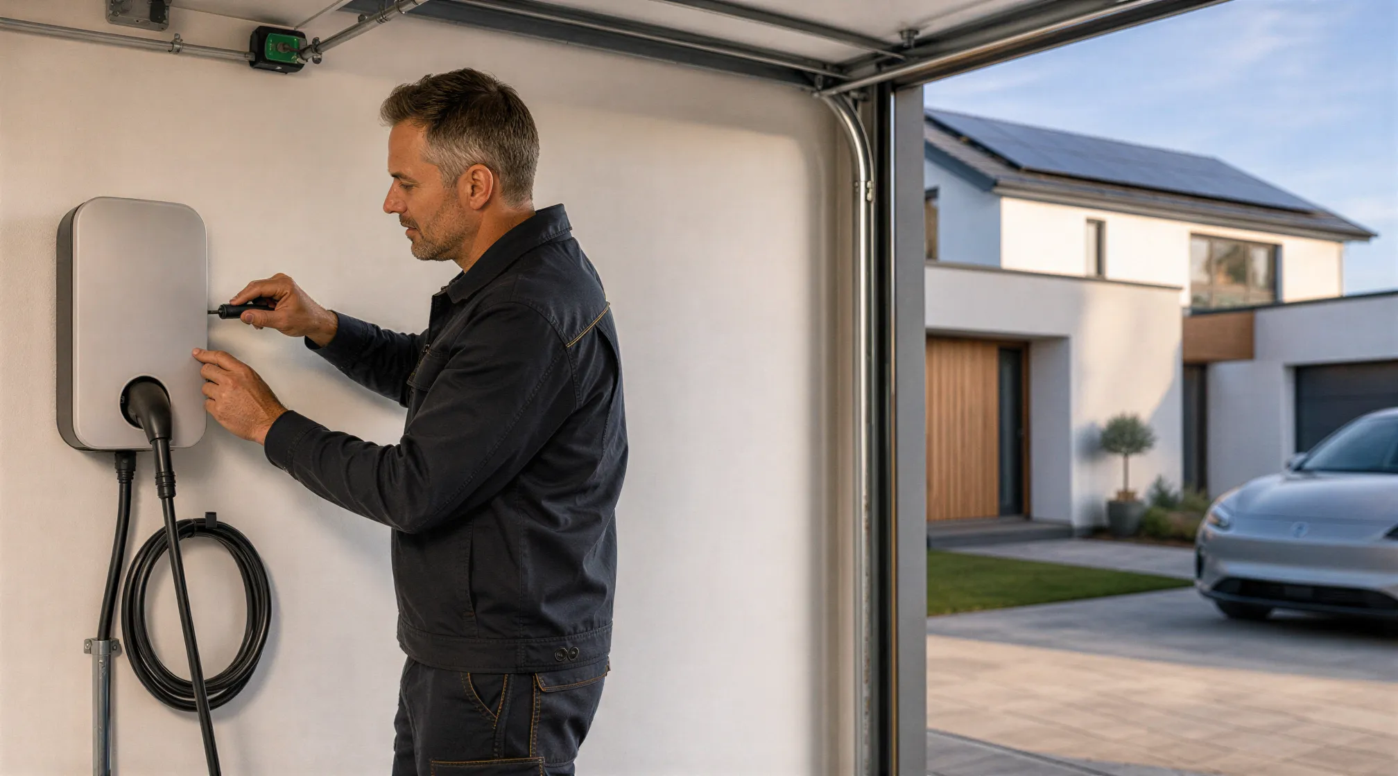 Ein Elektriker installiert eine moderne Wallbox für Elektroautos an der Wand einer hellen Garage.
