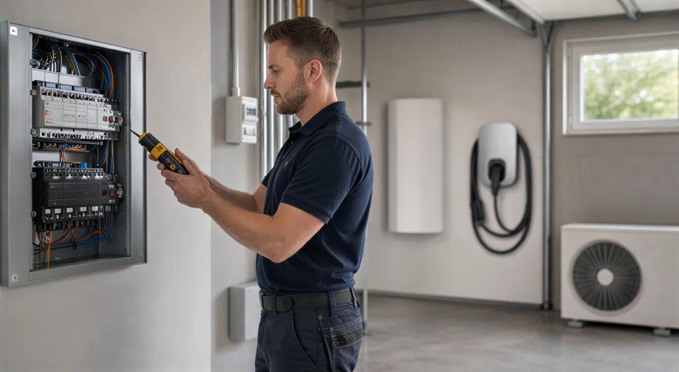 Ein Elektriker prüft mit einem Spannungsprüfer einen neuen Sicherungskasten in einer modernen Garage.
