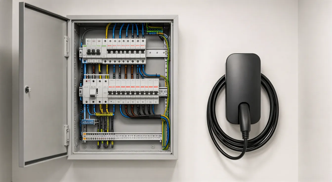 Ein sauberes Elektroverteilungsbrett mit farblich gekennzeichneten Kabeln neben einer Wallbox in einem Technikraum.