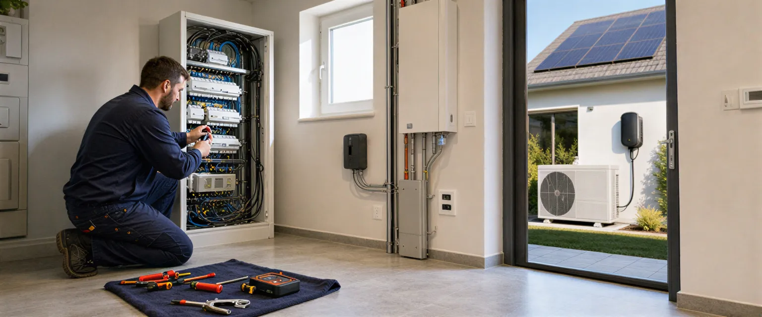 Ein Elektriker installiert einen modernen Elektroverteiler in einem hellen Technikraum eines Wohnhauses.