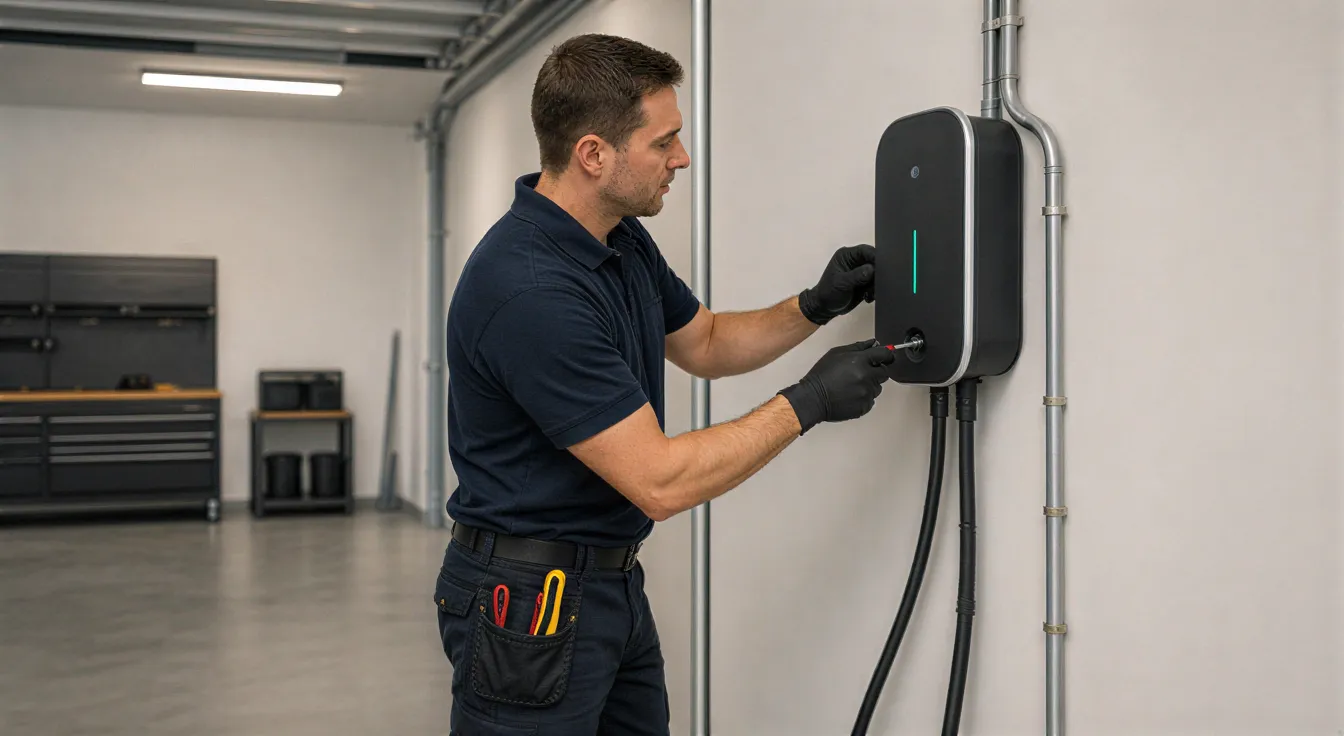 Ein Elektriker installiert eine moderne Ladestation für Elektroautos an einer Garagenwand.