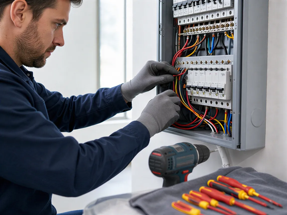 Ein Elektriker in blauer Arbeitskleidung verbindet sorgfältig mehrfarbige Kabel in einem modernen Verteilerkasten.
