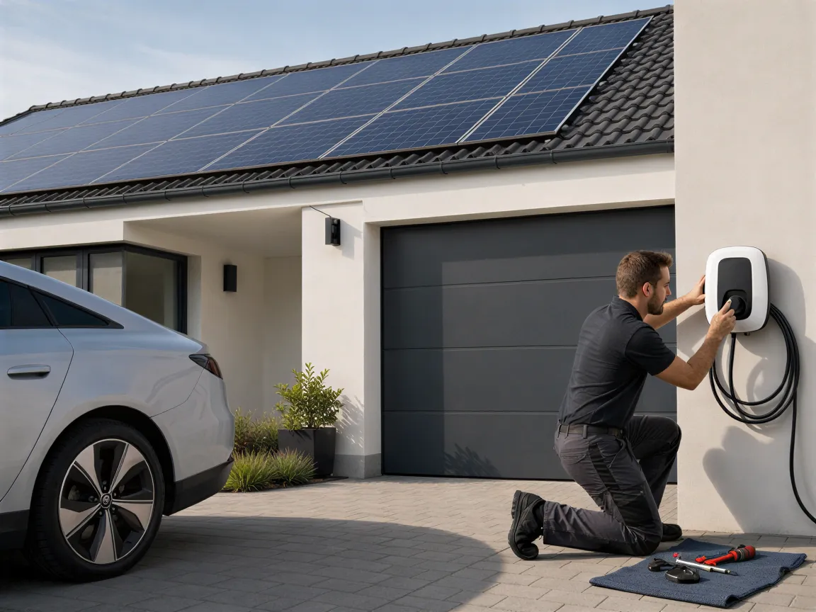 Ein Elektriker installiert eine Wallbox an einer Garage, während im Hintergrund Solarpaneele auf dem Dach sichtbar sind.