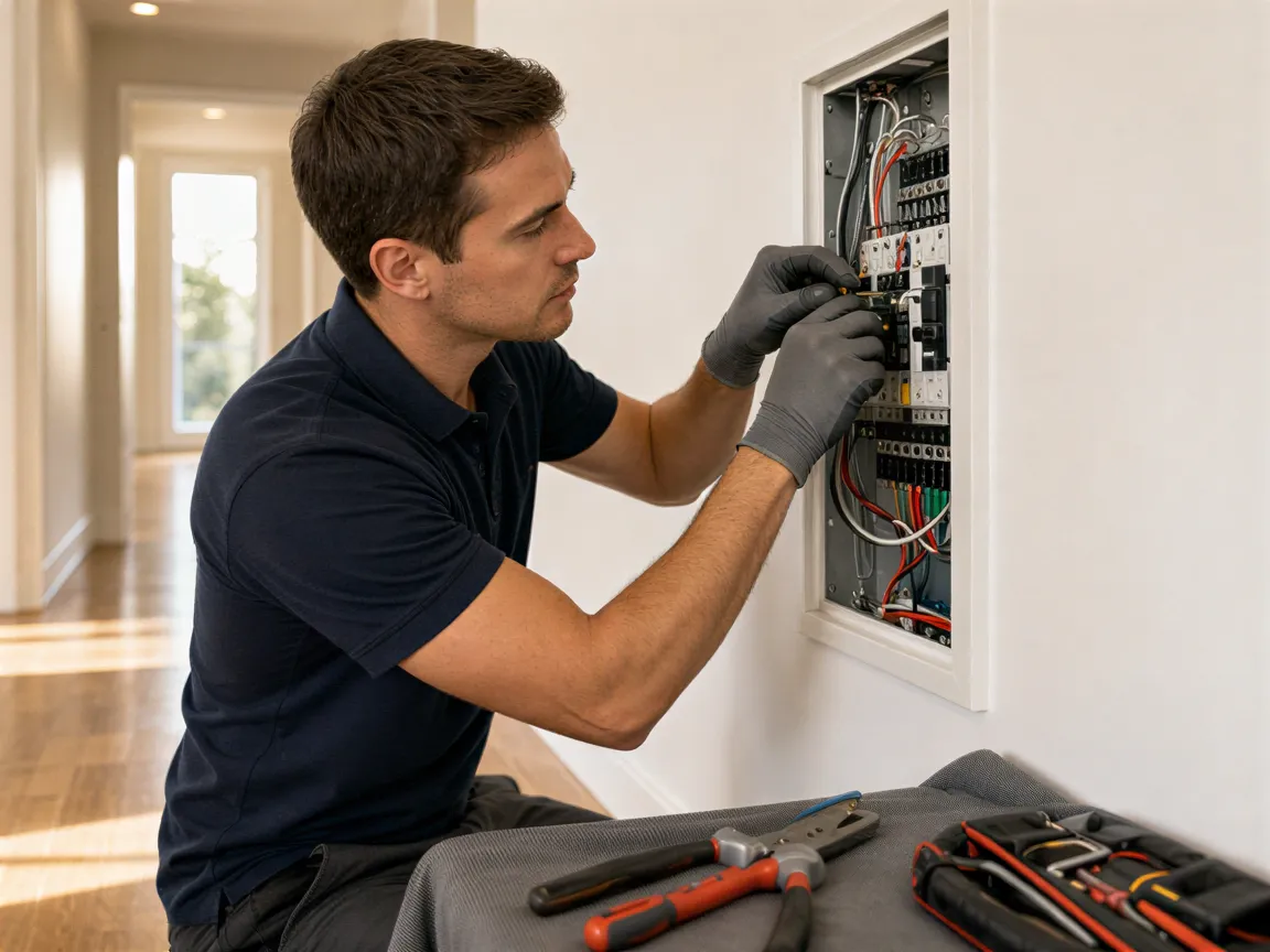 Ein Elektriker verbindet sorgfältig Kabel in einem modernen Wandschrank in einem hellen, neuen Flur.
