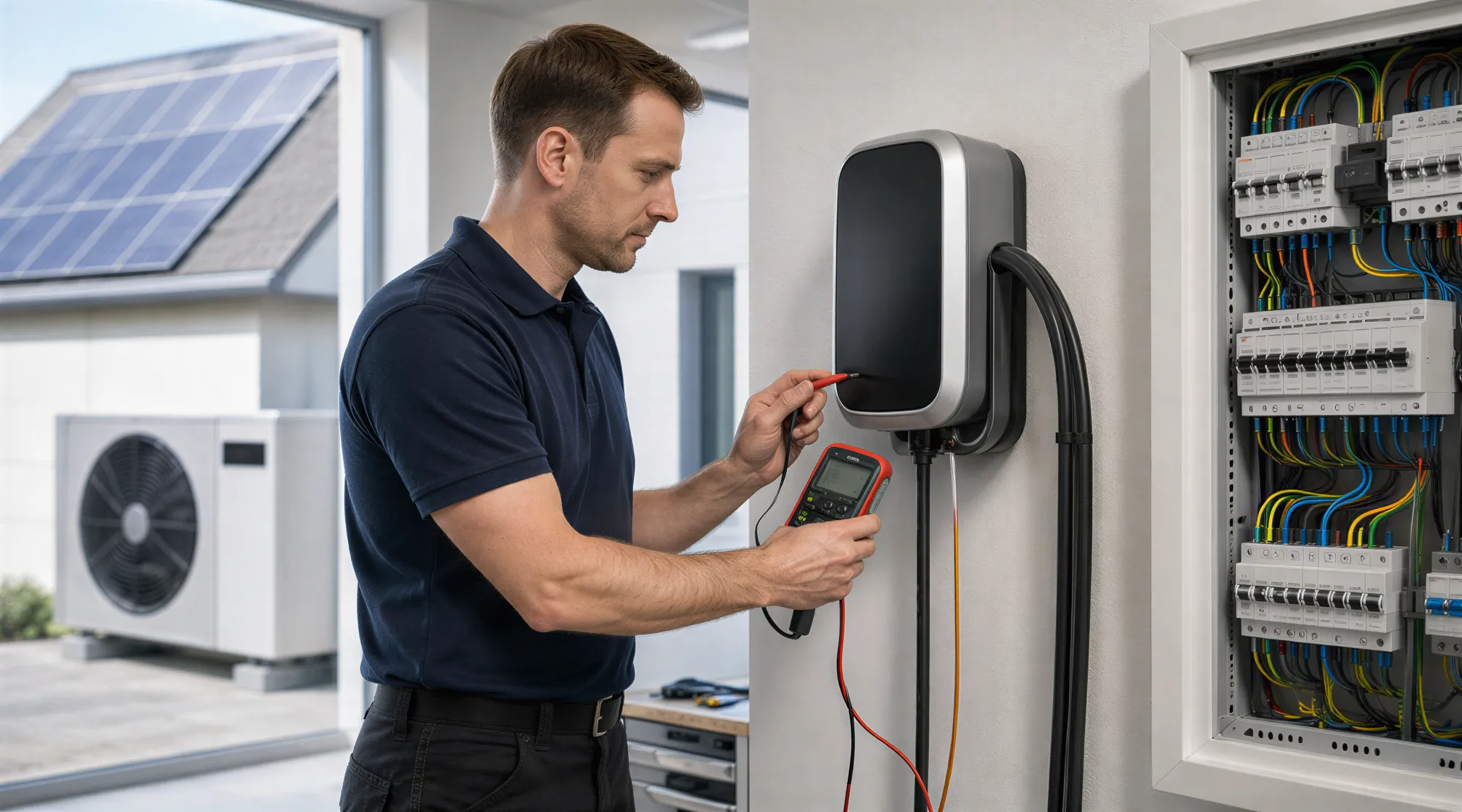 Ein Elektriker überprüft mit einem Multimeter eine neu installierte Wallbox in einer modernen Werkstatt.