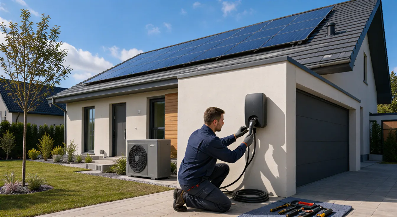 Ein Elektriker installiert eine Wallbox an einer Garage, während Solarpaneele und eine Wärmepumpe am Haus sichtbar sind.