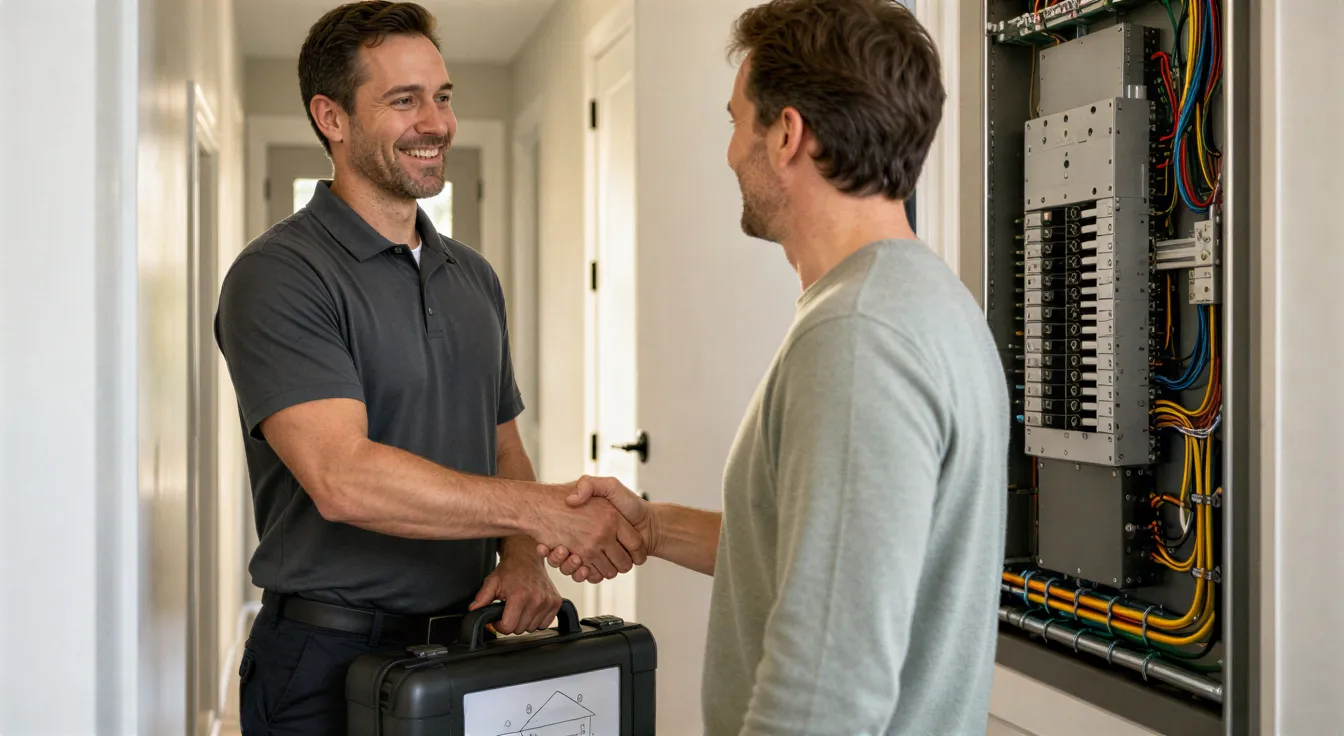 Ein Elektriker schüttelt einem zufriedenen Hausbesitzer die Hand vor einem neu installierten Sicherungskasten.